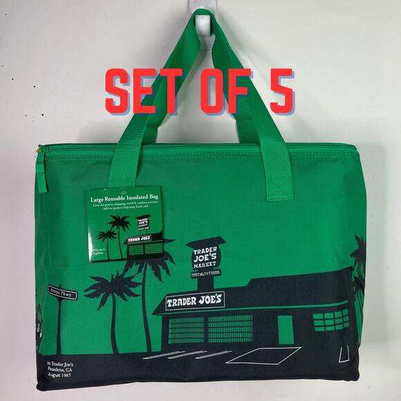Set of 5 — Trader Joe’s Large Reusable Insulated Cooler Tote Bag Christmas Green - Picture 1 of 13
